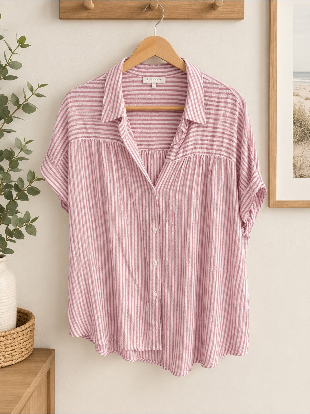 Z Supply Mauve Pink Striped Button-Down Short Sleeve Blouse